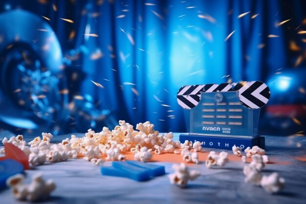 Photo clapperboard surrounded by popcorn blue screen blurry in the background ai generative