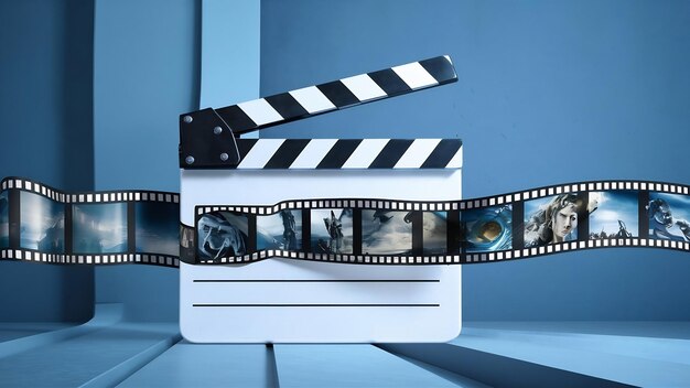 Photo clapperboard with filmstrip on blue