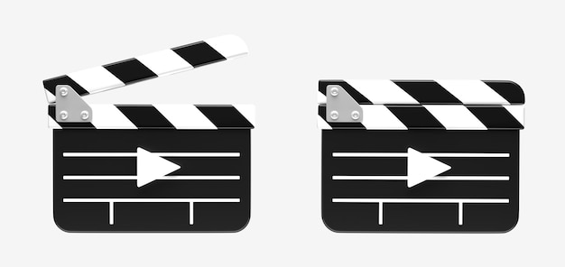 Photo clapperboards open and closed with play video icons on white background front view cinema production equipment film clapper for shooting scenes and takes movie industry sign