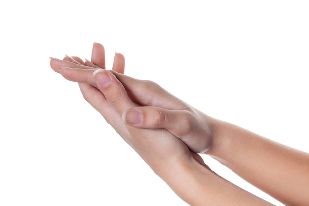 Clapping. beautiful female hands isolated on white giving applause. Body language.