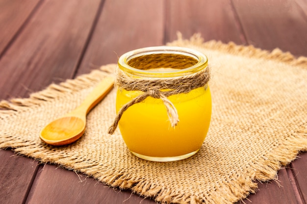 Clarified melted butter in a glass jar