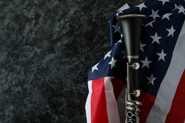 Clarinet and american flag on black smokey background