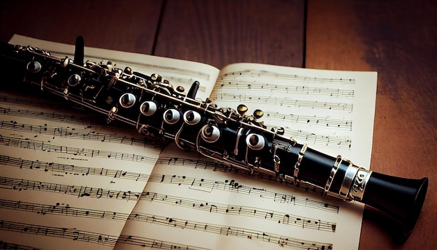 Clarinet and sheet music on old wooden table musical instrumentgenerative ai