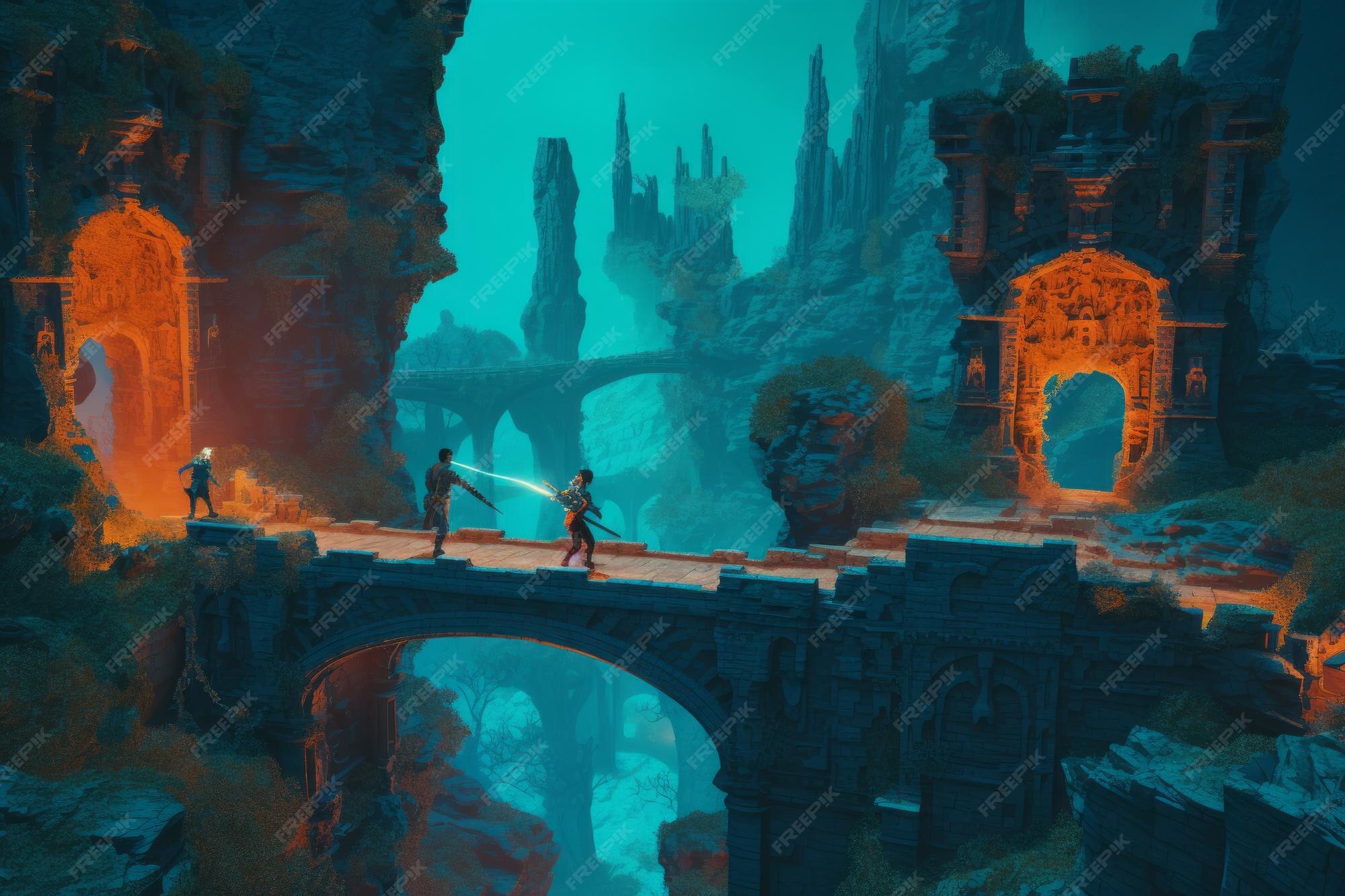 Premium Photo | Clash of Sorcery A Dark Fantasy Duel A Majestic Bridge 