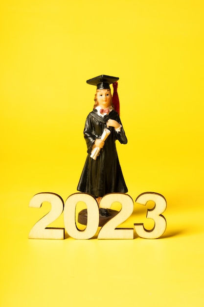 Class of 2023 concept Wooden number 2023 with graduate statuette on color background