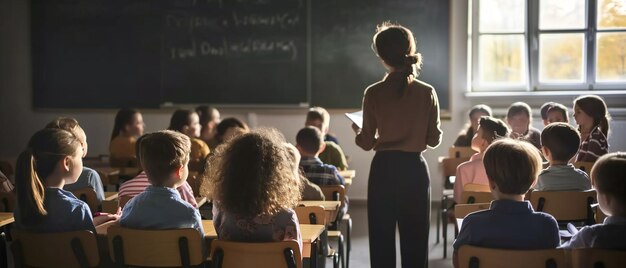 Class full of children Teacher teaching them