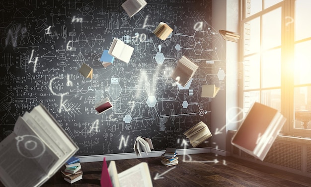 Class workplace with flying books and chalk board