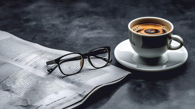 Classes and newspaper and cup of coffee on black stone background Generative Ai