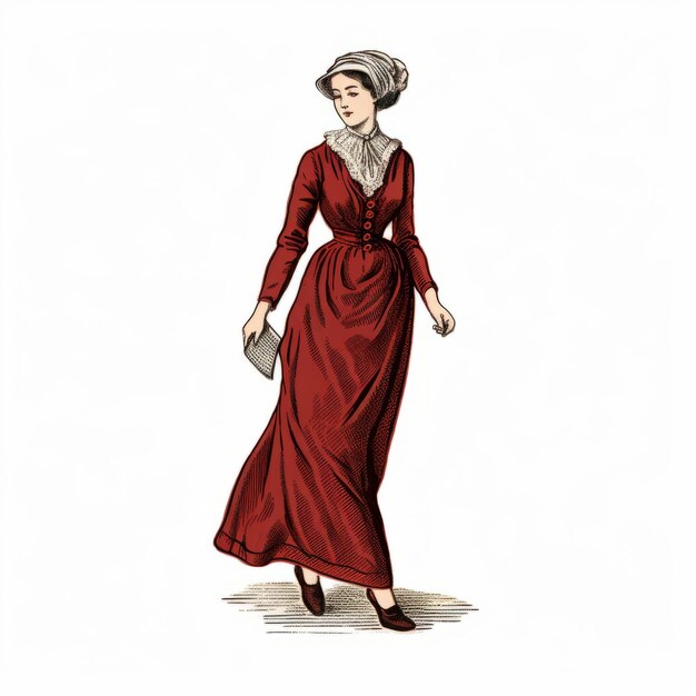 Photo classic academia colorized illustration of woman in red dress