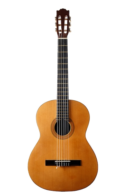 Classic acoustic guitar on an isolated white background.