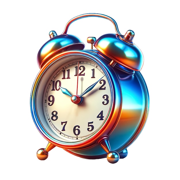 A classic alarm clock with a colorful metallic sheen isolated on a white background
