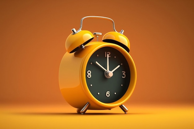 黄色の背景の 3 D レンダリングの古典的な目覚まし時計