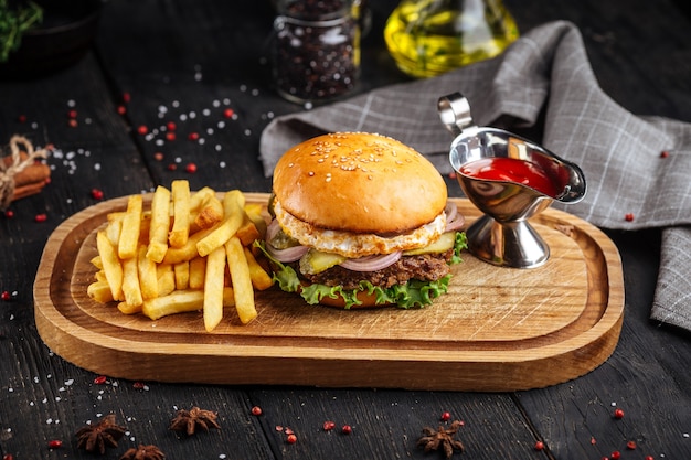 Classic american burger set with fries and ketchup