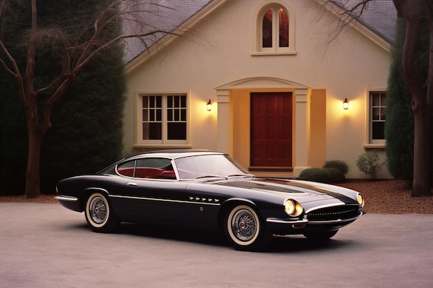 Classic american car in front of a house at night