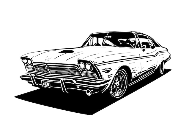 Classic american car stamp style Vintage vehicle vector illustration Modern print design of retro machine