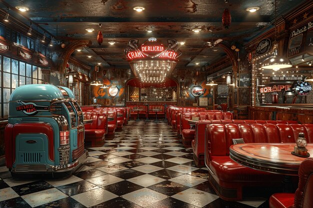 Classic american diner with red leather booths and a jukeboxd render