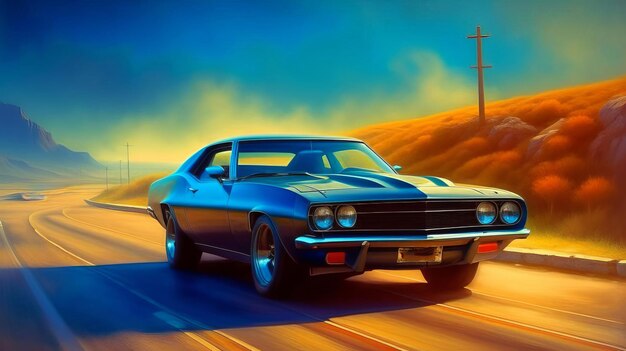 A classic american muscle car driving on the road Generated by AI