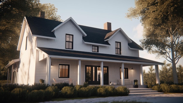 Classic american suburban modern farmhouse two story white siding walls dark shingle roof spacious p