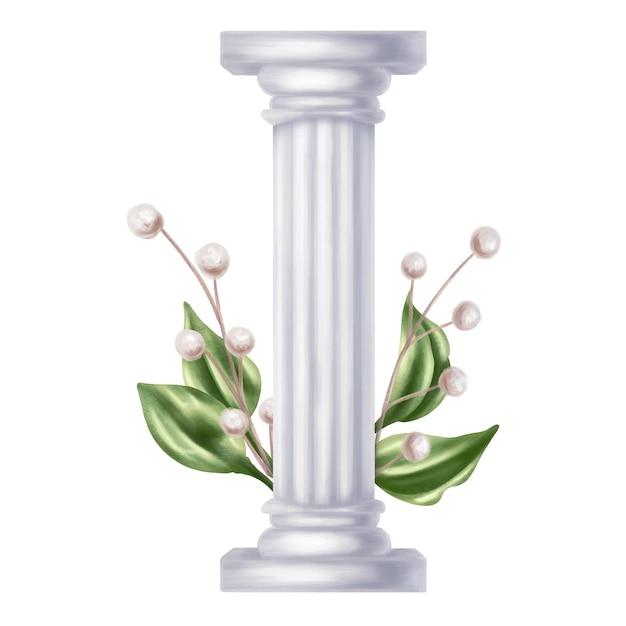 Classic antique column made of white marble entwined with leaves and decorative flowers