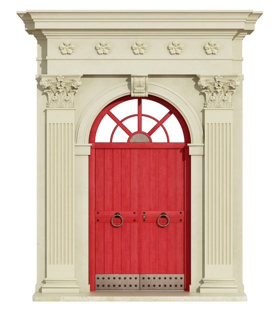 Arco classico con colonna corinzia e portone rosso. rendering 3d