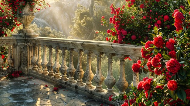 Photo classic architecture with a floral twist stone balustrades framed by blooming flowers and lush greenery