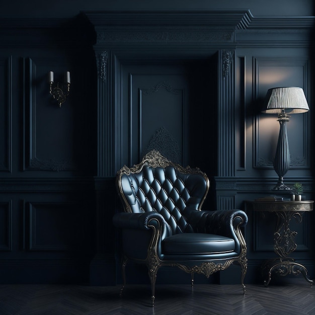 Classic armchair in classic interior with copy space Walls with mouldingsornated cornice