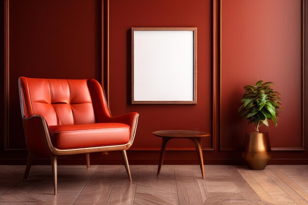 Classic armchair near paneling wall with empty poster frame Home interior design