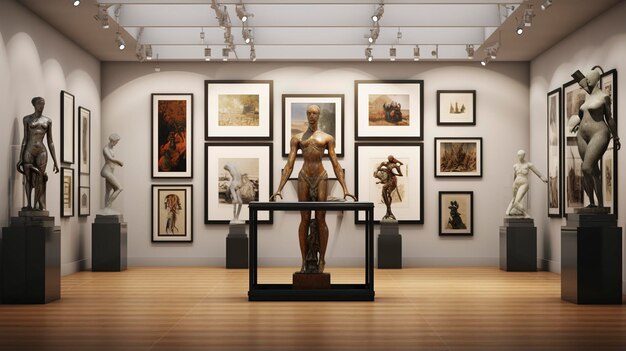 Classic art gallery interior with sculptures and paintings illuminated in a dimly lit room