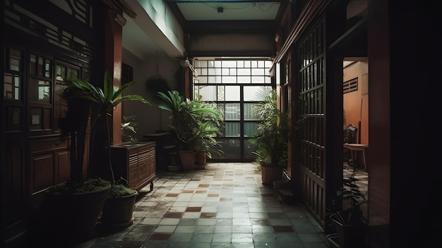 Foto una classica vecchia casa asiatica con alcune piante d'interno e architettura legnosa