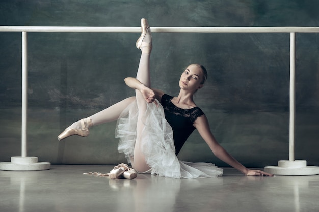 The classic ballerina posing at ballet barre