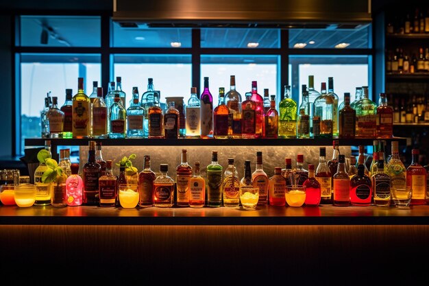 Classic bar counter with drinks on the background and wooden table