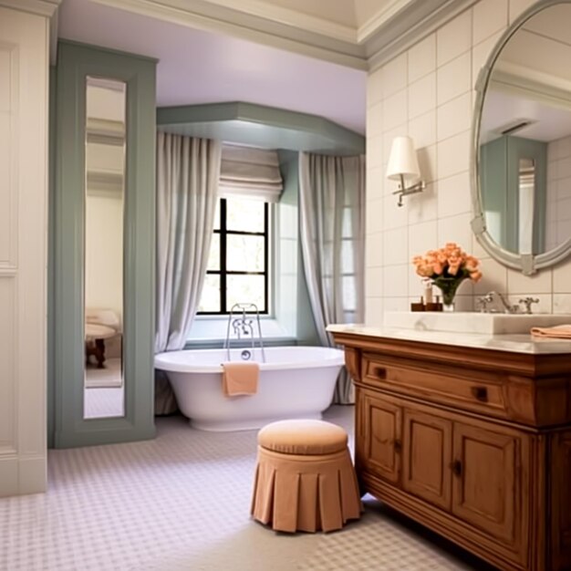 Classic bathroom decor interior design and home improvement bathtub and bathroom furniture English country house and cottage style postprocessed generative ai