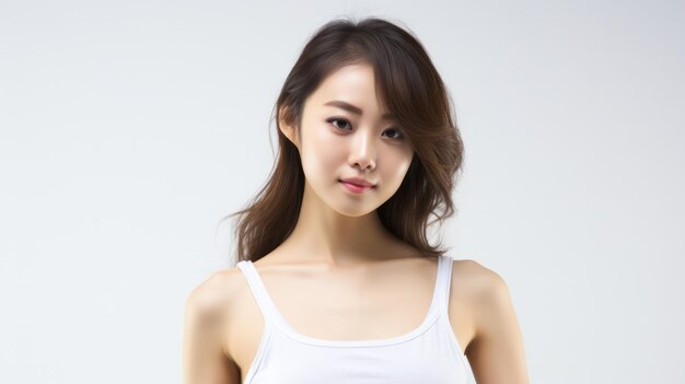 Classic beauty asian woman in white tank top 30 years old against a simple white backdrop