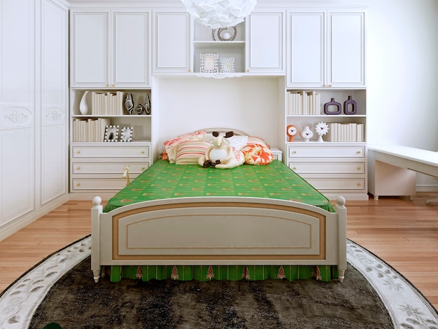 Photo classic bedchamber design of green bed standing on a round carpet.