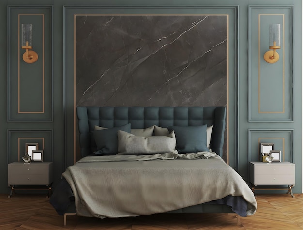 Классический макет интерьера спальни с синей монтажной стеной и серой мраморной стеной
