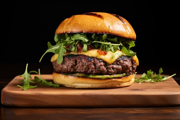 Classic beef burger with arugula cheddar cheese onion and ketchup and mustard and side of french