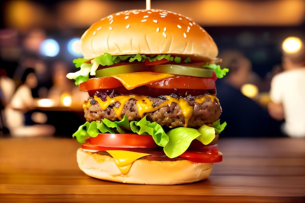 Classic Beef Burger with bokeh light fast food restaurant background