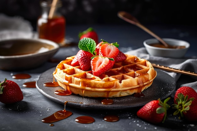 Classic Belgian waffles with honey syrup and strawberries Delicious food Horizontal Space for text