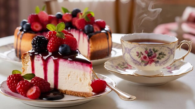 Классический ягодный сырный торт и чашка горячего чая