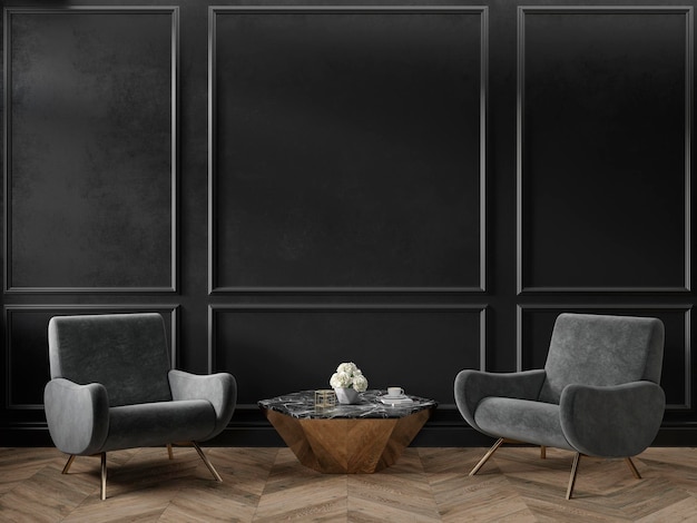 Классический черный интерьер пустой комнаты с креслами, журнальным столиком, цветами, лепниной и деревянным полом