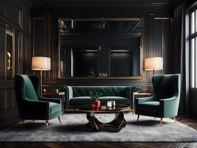 Классический черный современный интерьер пустая комната с гостиной креслами столом и зеркалами 3D рендеринг