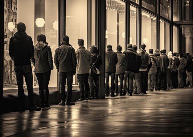 Photo a classic black and white image of shoppers waiting in line outside a store reminiscent of a vintag