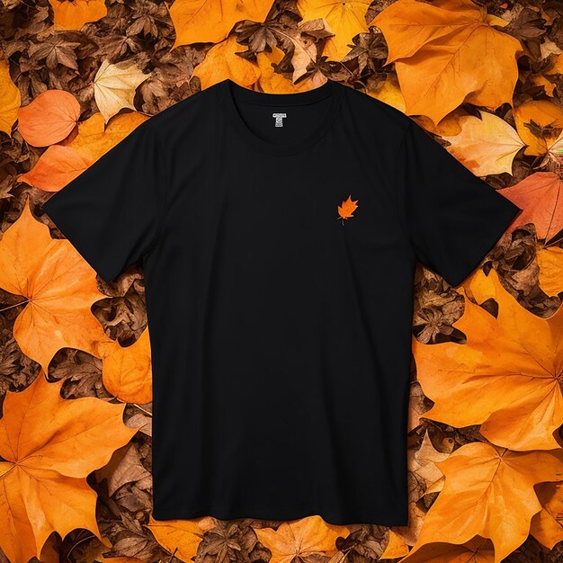 Classic blackshirt mock up on a fall orange leaves background generated by ai