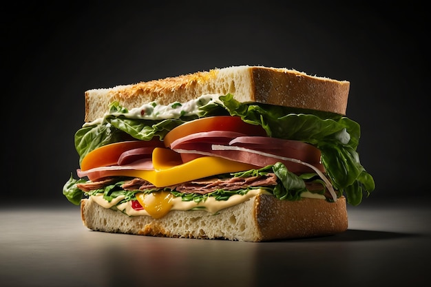 Panino blt classico con lattuga pancetta e pomodoro su sfondo scuro l'immagine è generata dall'intelligenza artificiale