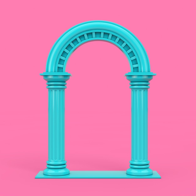 Фото Классическая синяя арка древнегреческой колонны в двухцветном стиле на розовом фоне. 3d рендеринг