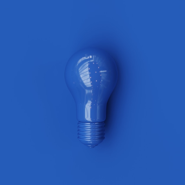 Classic Blue Light bulb Color on blue background. Minimal concept ideas. Top view. 3D Render.