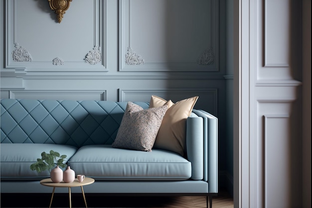 Classic blue living room close up with sofa Generative AI