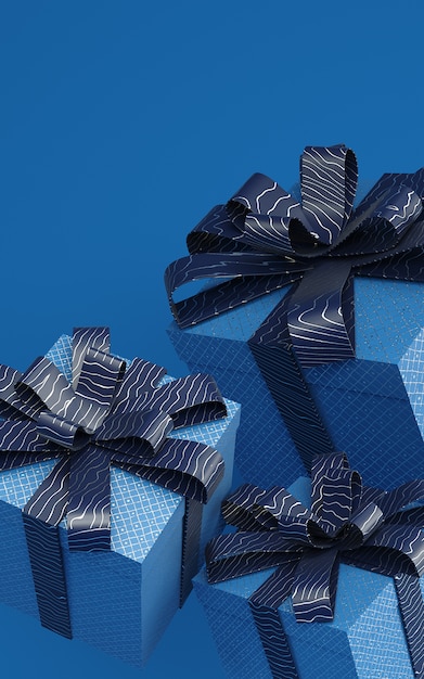 Фото Классический синий настоящее коробки, парящий в воздухе рендеринга иллюстрации с узором ленты. модный цвет 2020
