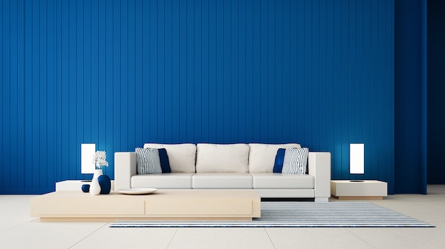 Photo classic blue wall living room / 3d rendering