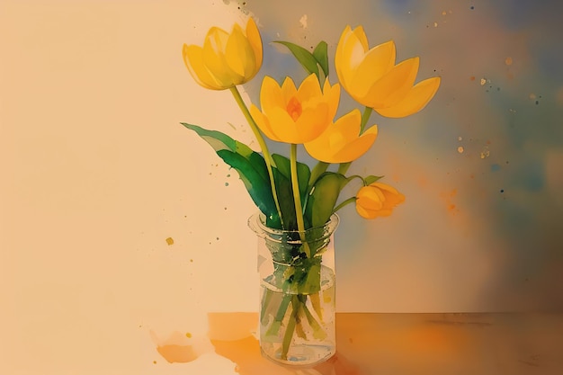Классический букет цветов в стеклянной вазе Натюрморт имитация акварельной живописи Generative AI